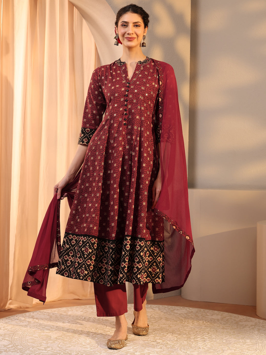  Rust Ethnic Motif Printed Cotton Anarkali Suit Set With Dupatta 