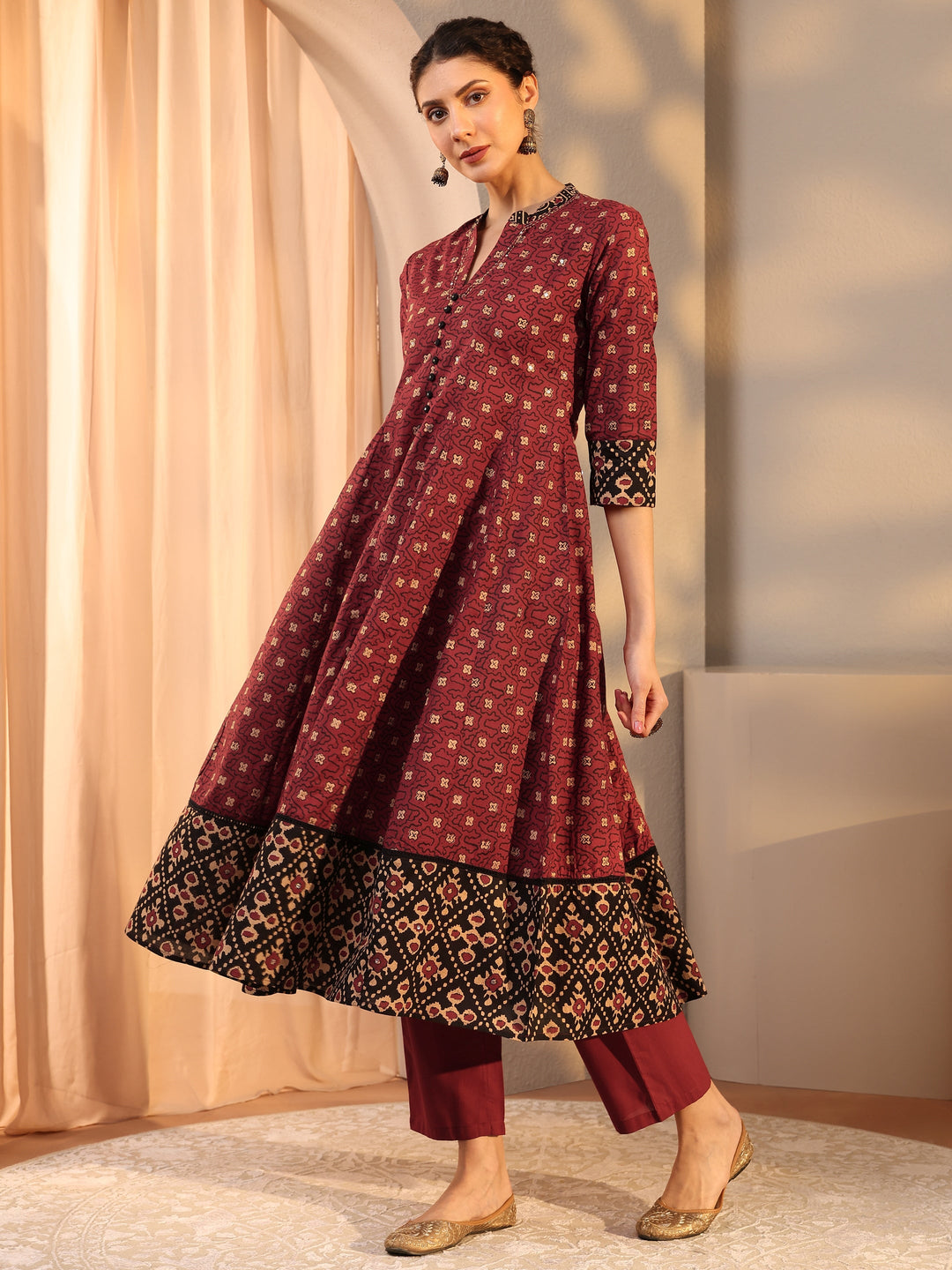  Rust Ethnic Motif Printed Cotton Anarkali Suit Set With Dupatta 