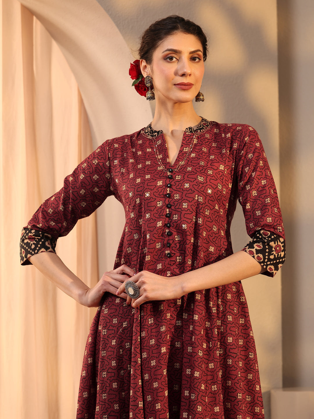  Rust Ethnic Motif Printed Cotton Anarkali Suit Set With Dupatta 