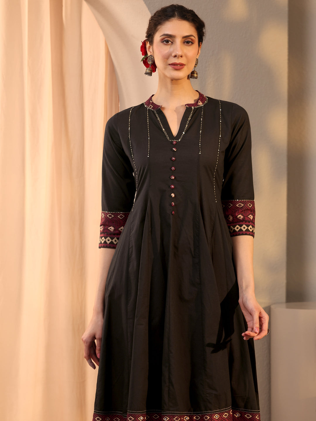  Black Printed Cotton Anarkali Suit Set With Dupatta 