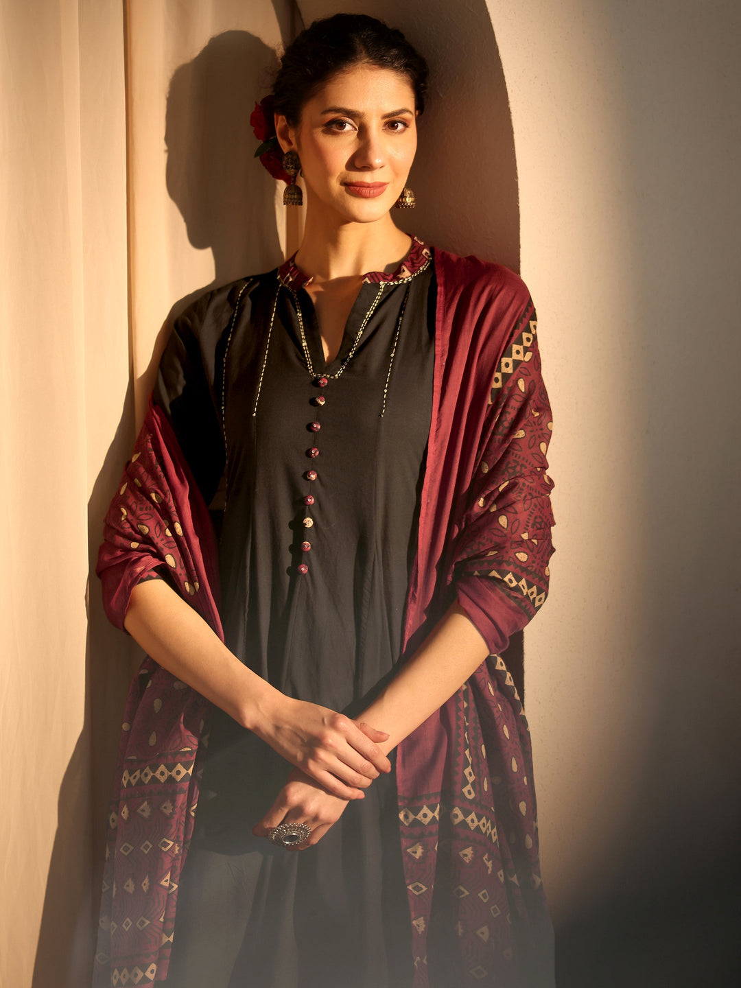  Black Printed Cotton Anarkali Suit Set With Dupatta 