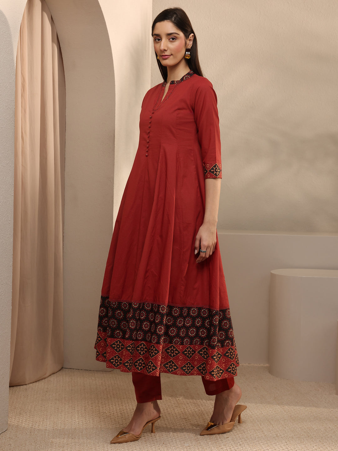  Rust Cotton Anarkali Suit Set with Dupatta 
