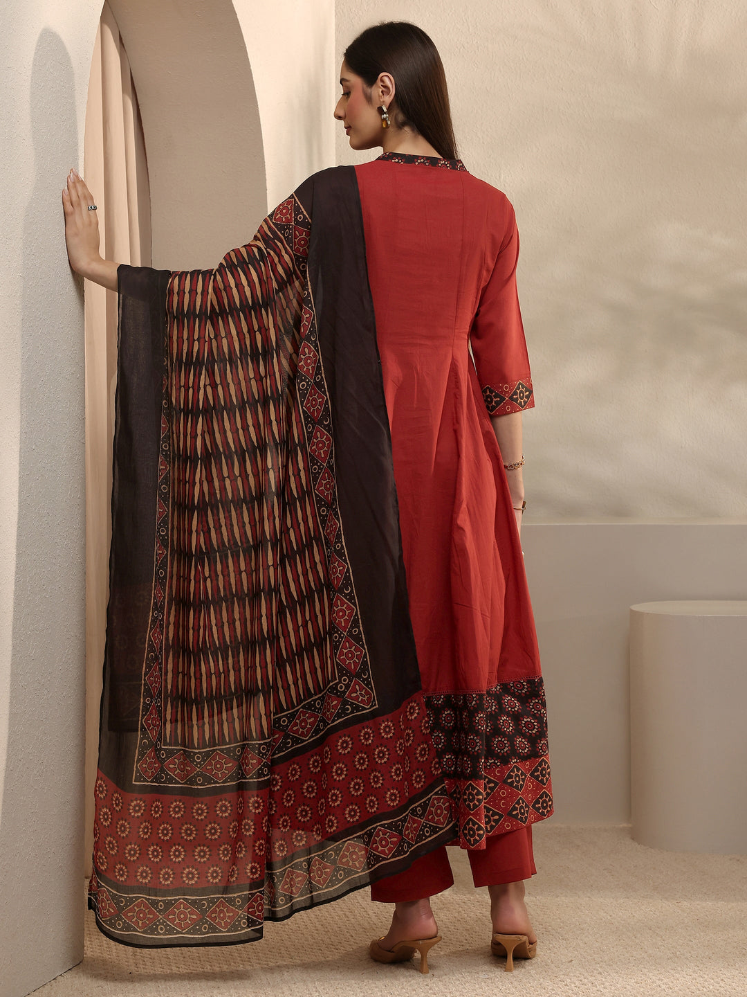  Rust Cotton Anarkali Suit Set with Dupatta 