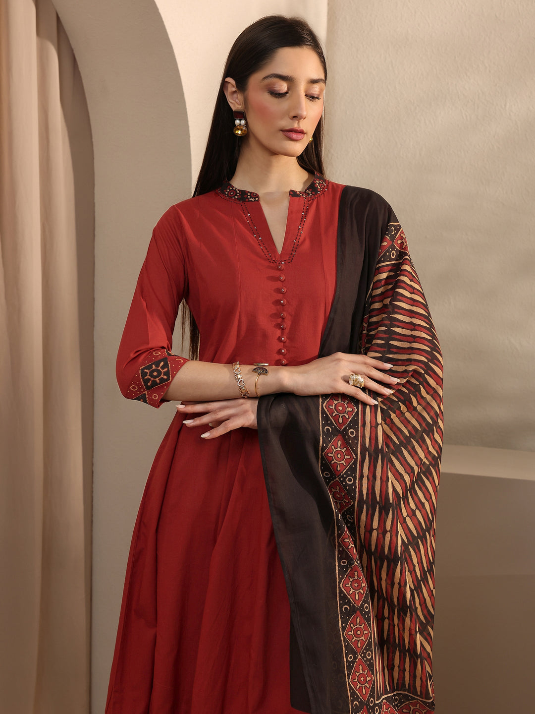  Rust Cotton Anarkali Suit Set with Dupatta 
