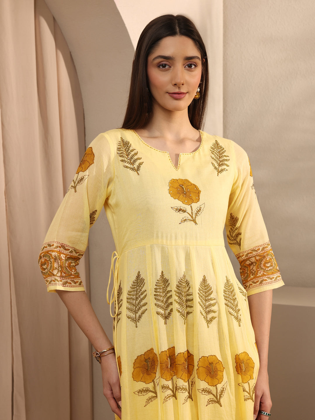  Yellow Floral Print Cotton Anarkali Suit Set with Dupatta 