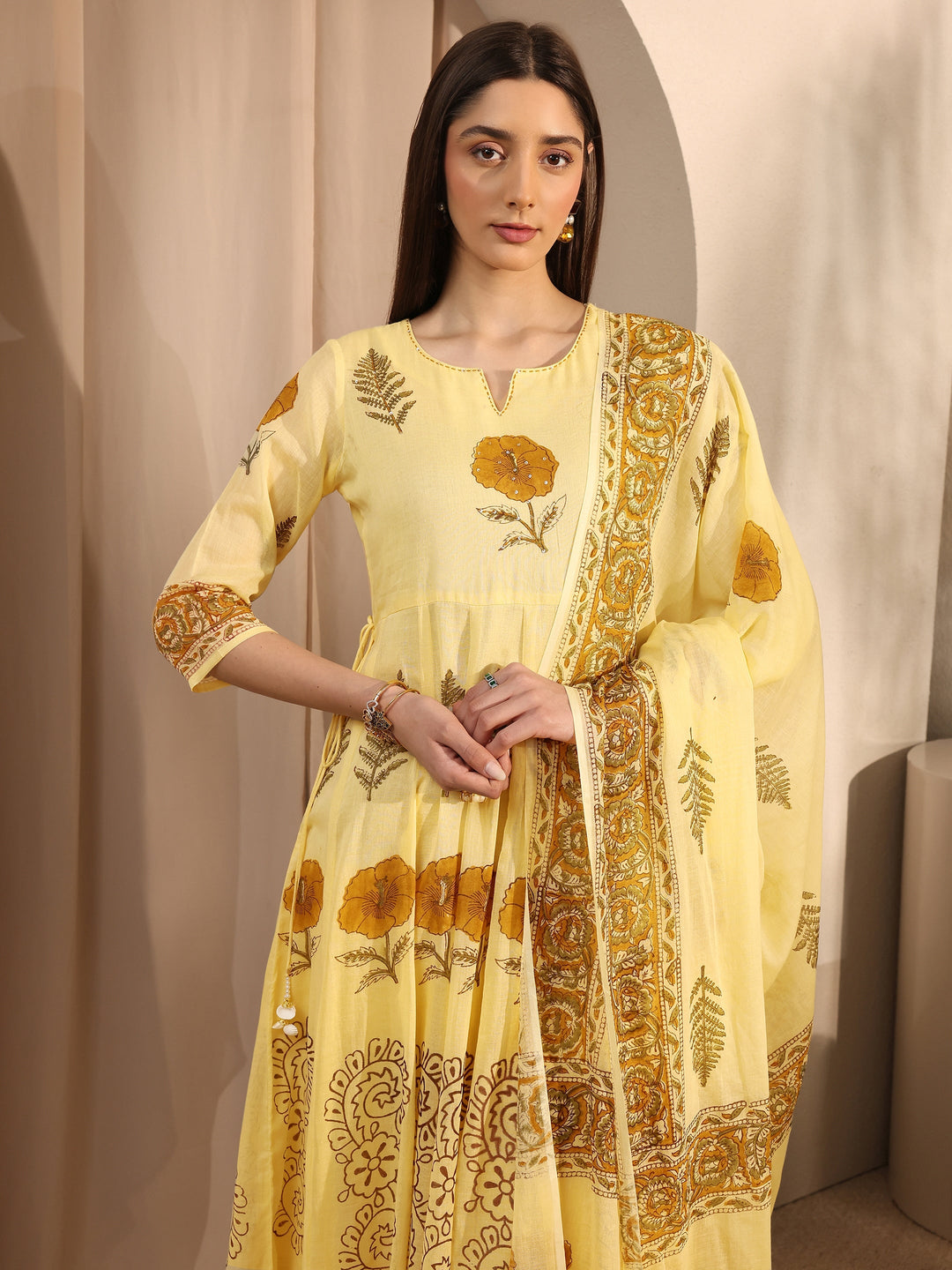  Yellow Floral Print Cotton Anarkali Suit Set with Dupatta 