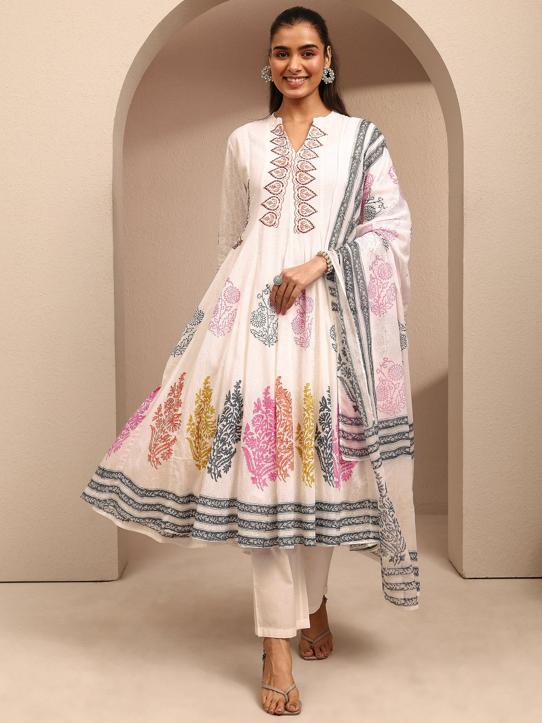  White Printed Cotton Anarkali Suit Set With Dupatta 