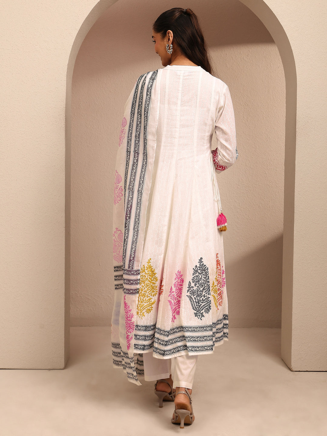  White Printed Cotton Anarkali Suit Set With Dupatta 