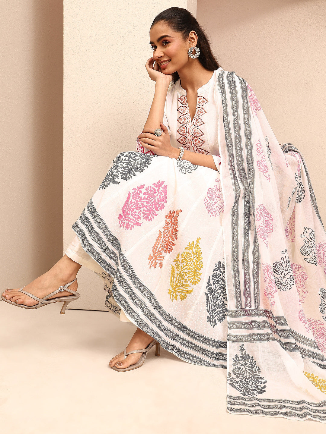  White Printed Cotton Anarkali Suit Set With Dupatta 