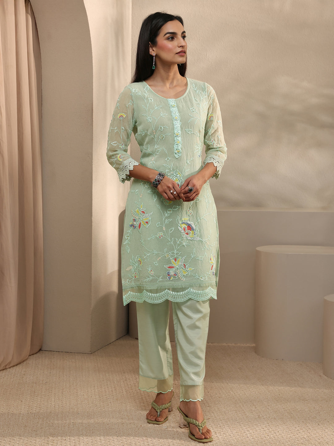  Green Embroidered Organza Kurta Set 