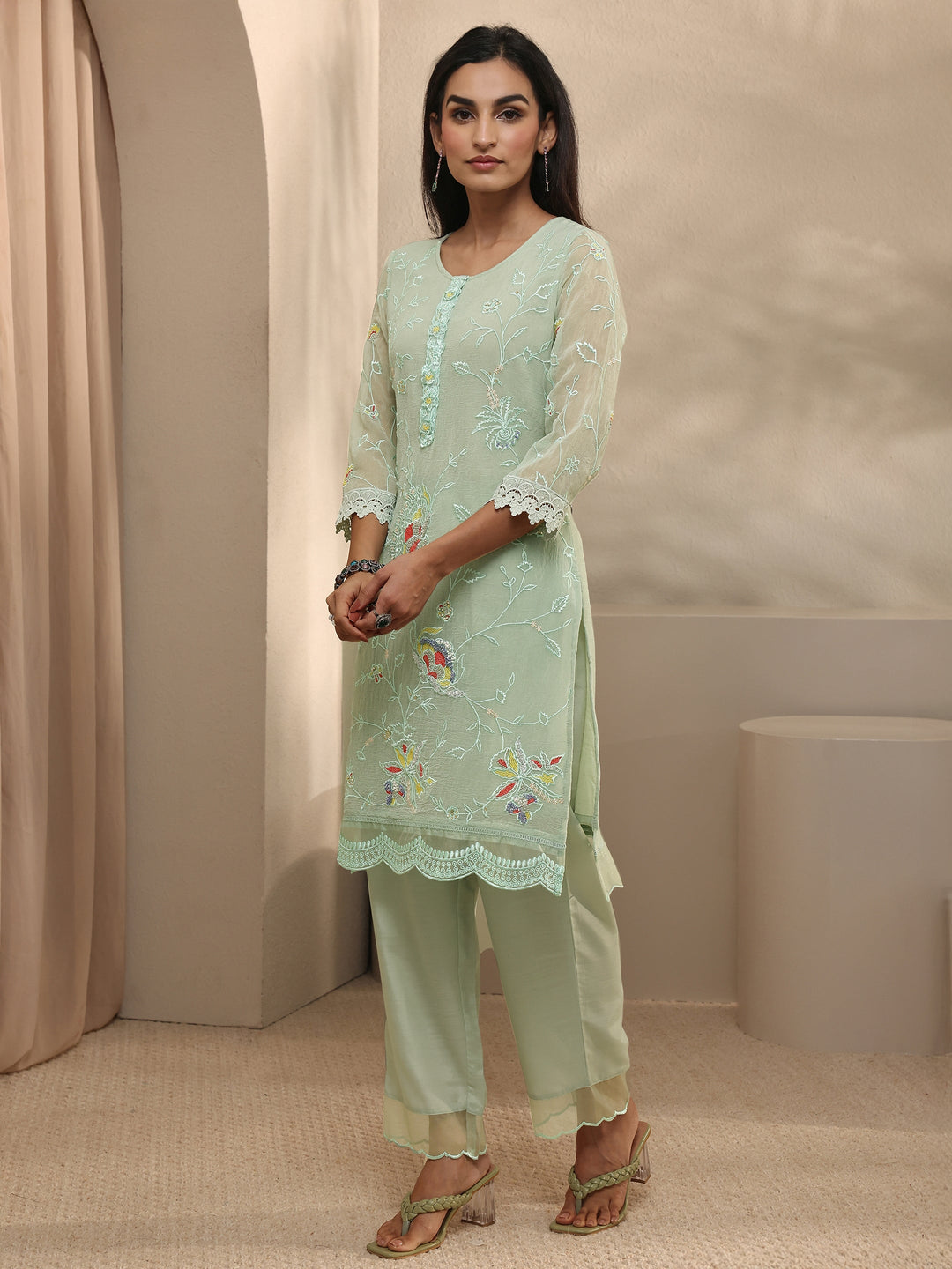  Green Embroidered Organza Kurta Set 