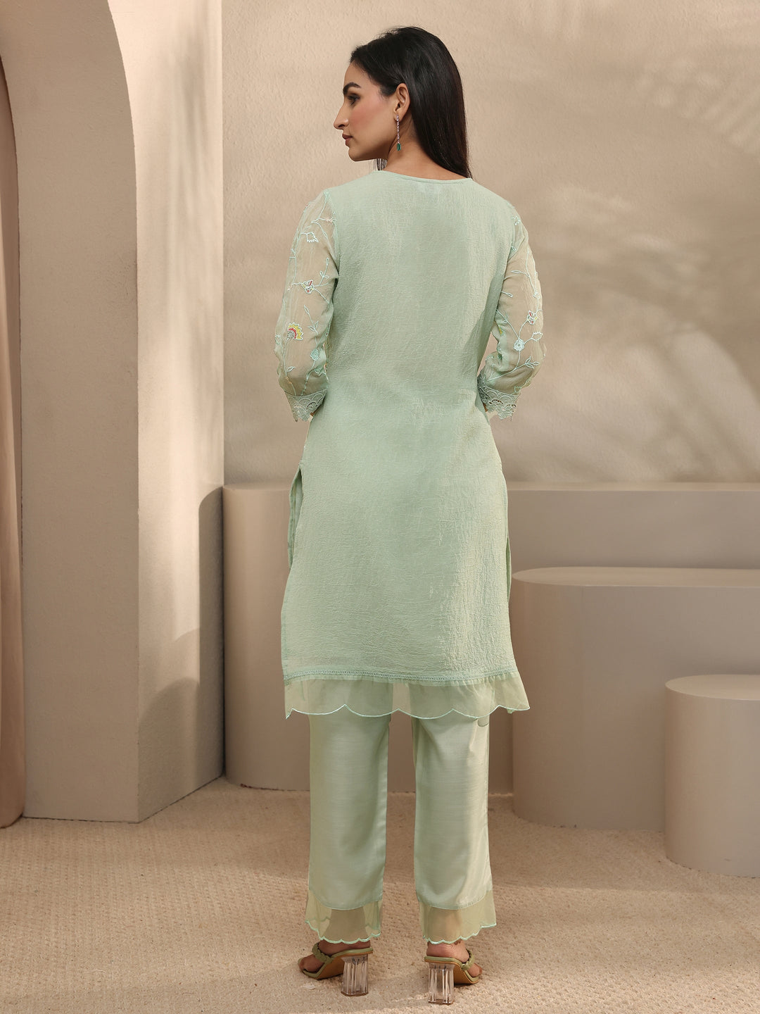  Green Embroidered Organza Kurta Set 