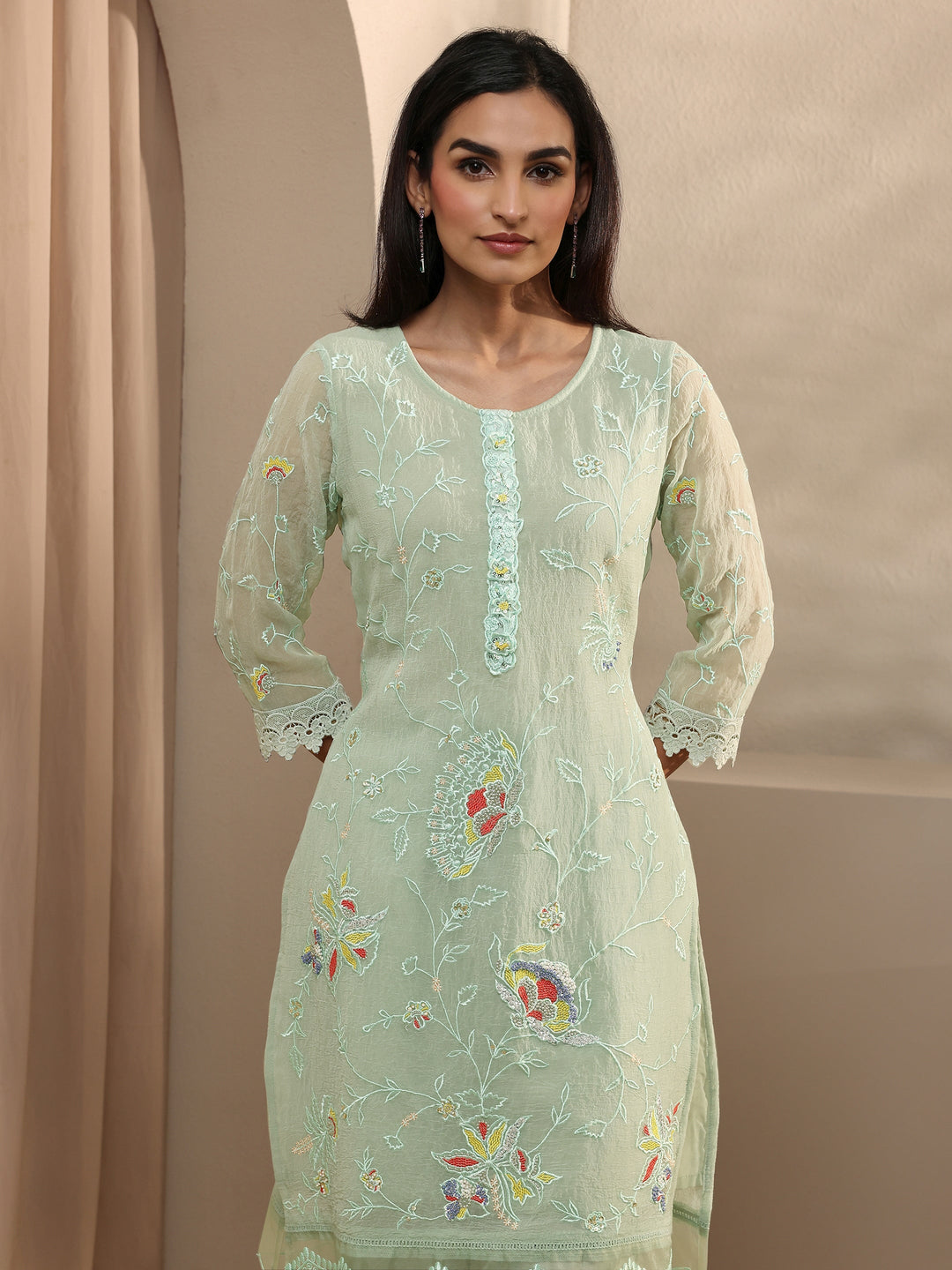  Green Embroidered Organza Kurta Set 