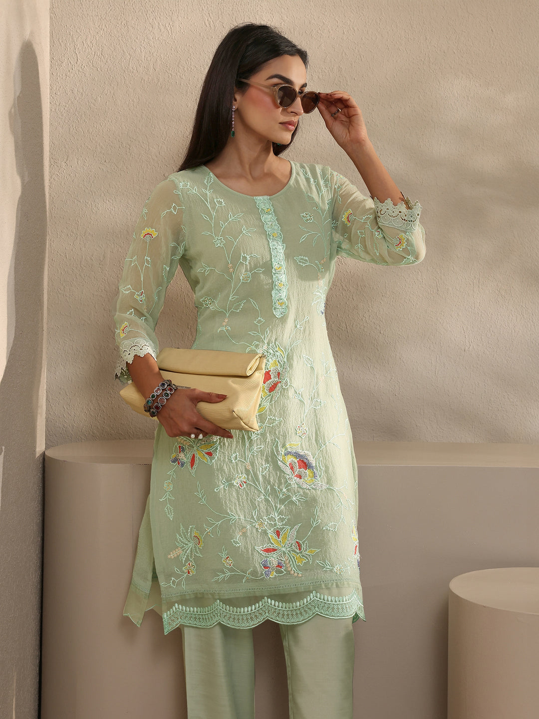  Green Embroidered Organza Kurta Set 