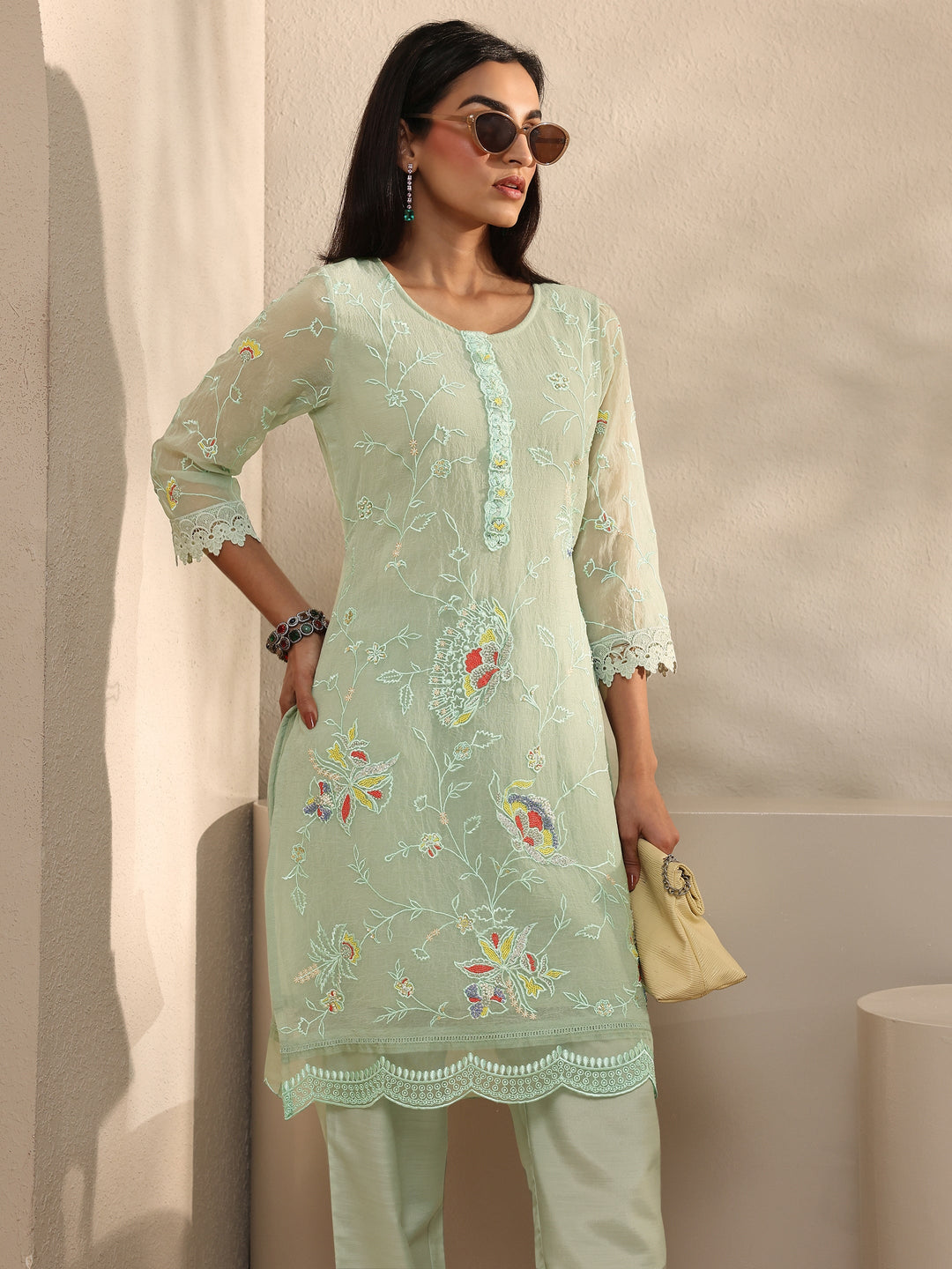 Green Embroidered Organza Kurta Set 