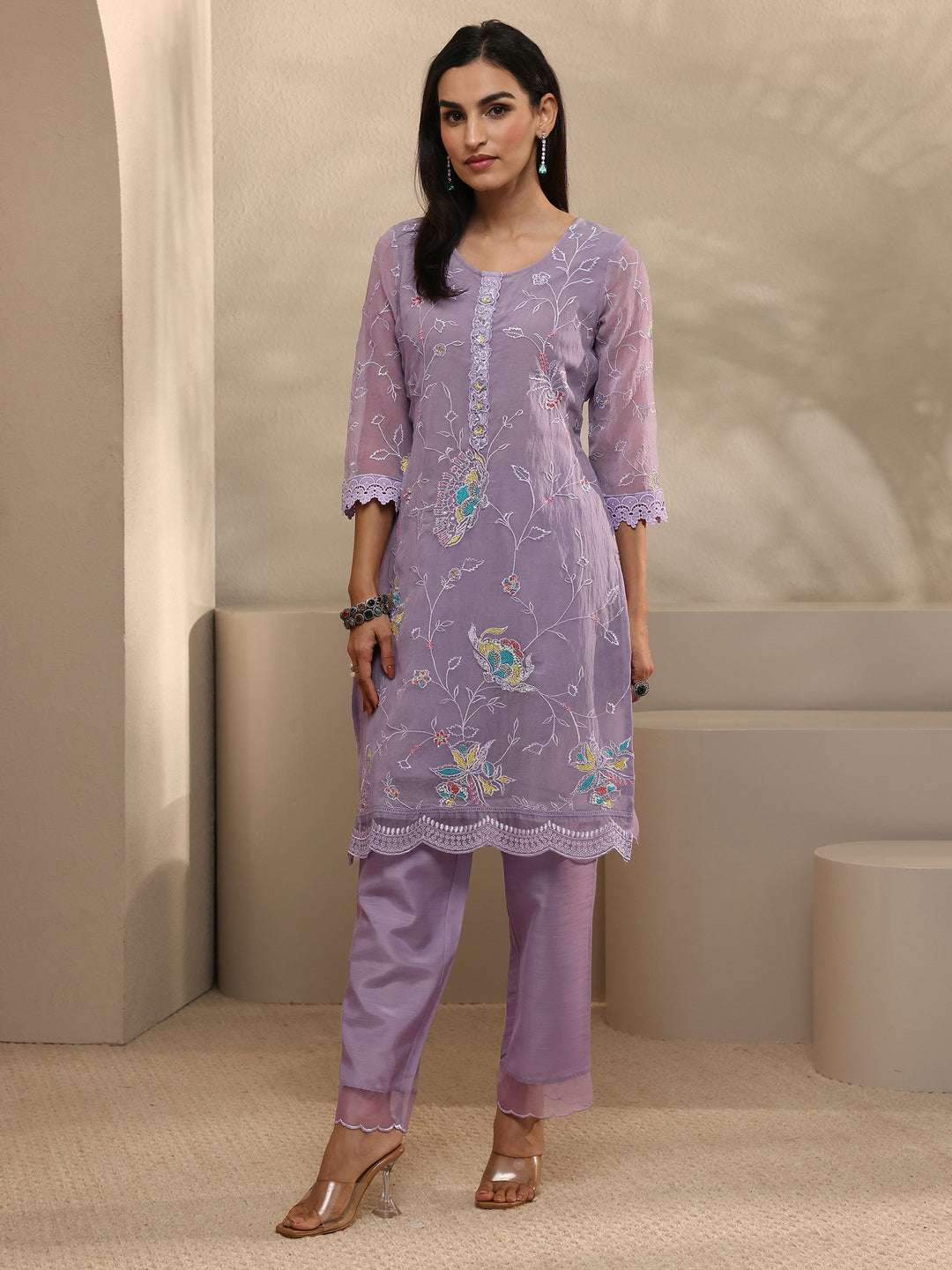  Lavender Embroidered Organza Kurta Set 