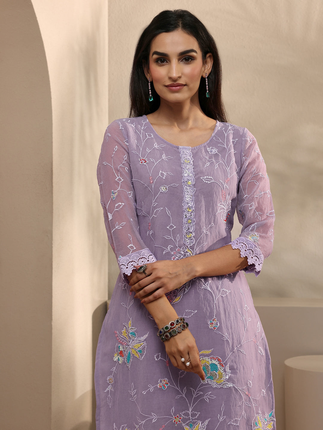  Lavender Embroidered Organza Kurta Set 