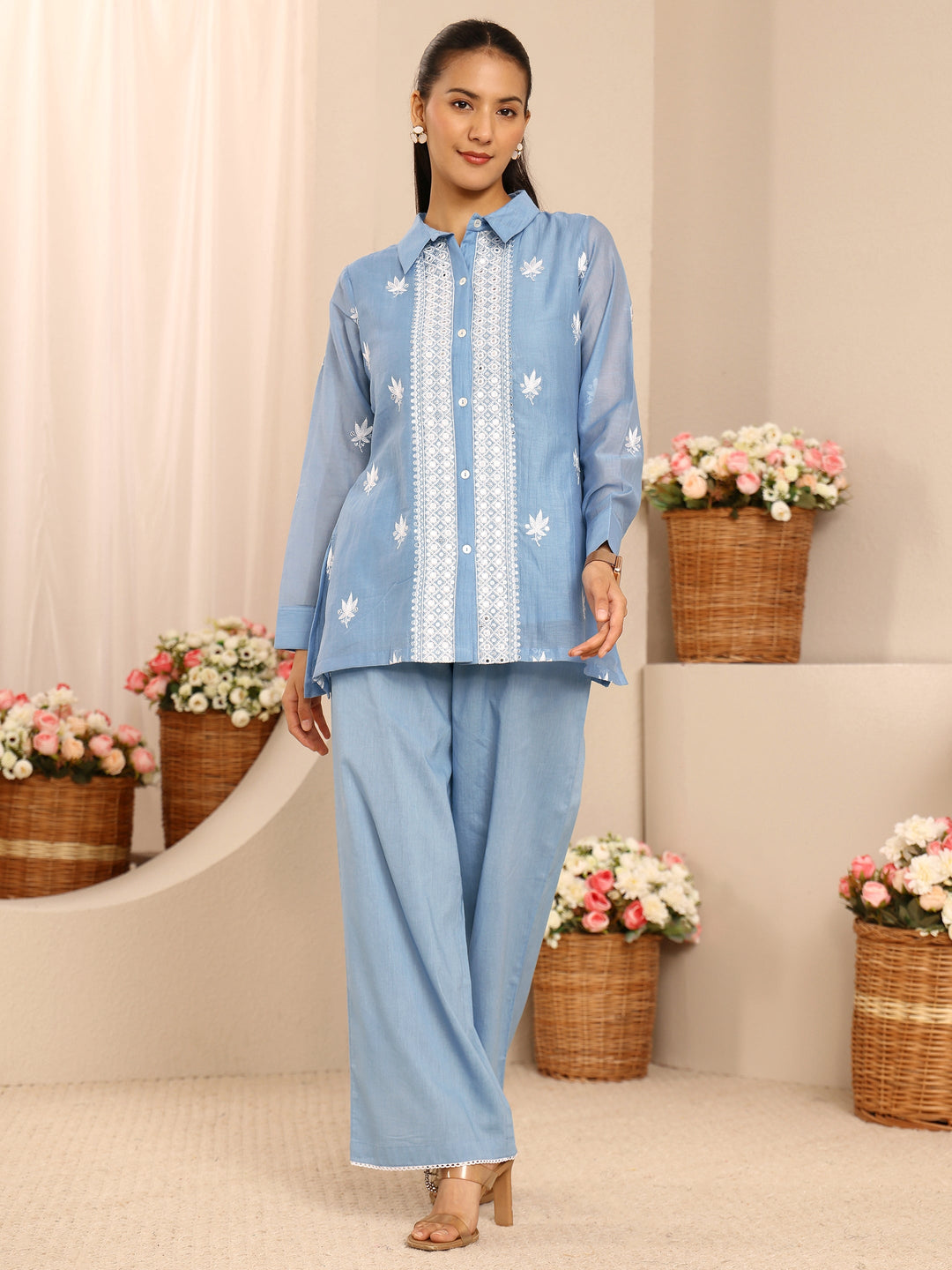  Blue Floral Embroidered Chanderi Silk Co-Ord Set 