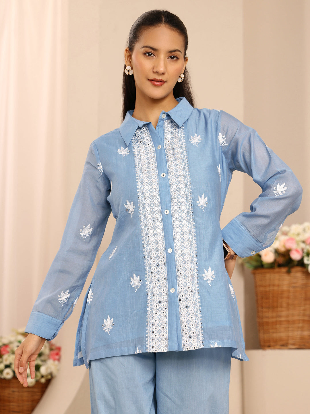  Blue Floral Embroidered Chanderi Silk Co-Ord Set 