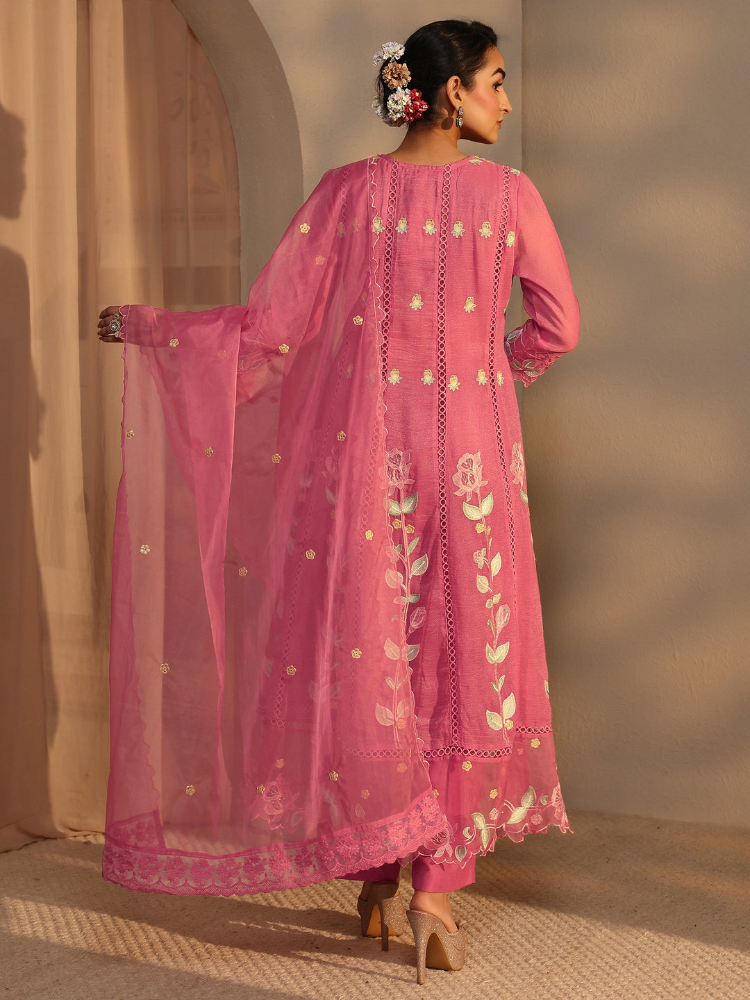  Pink Floral Embroidered Chiffon Anarkali Suit Set With Dupatta 