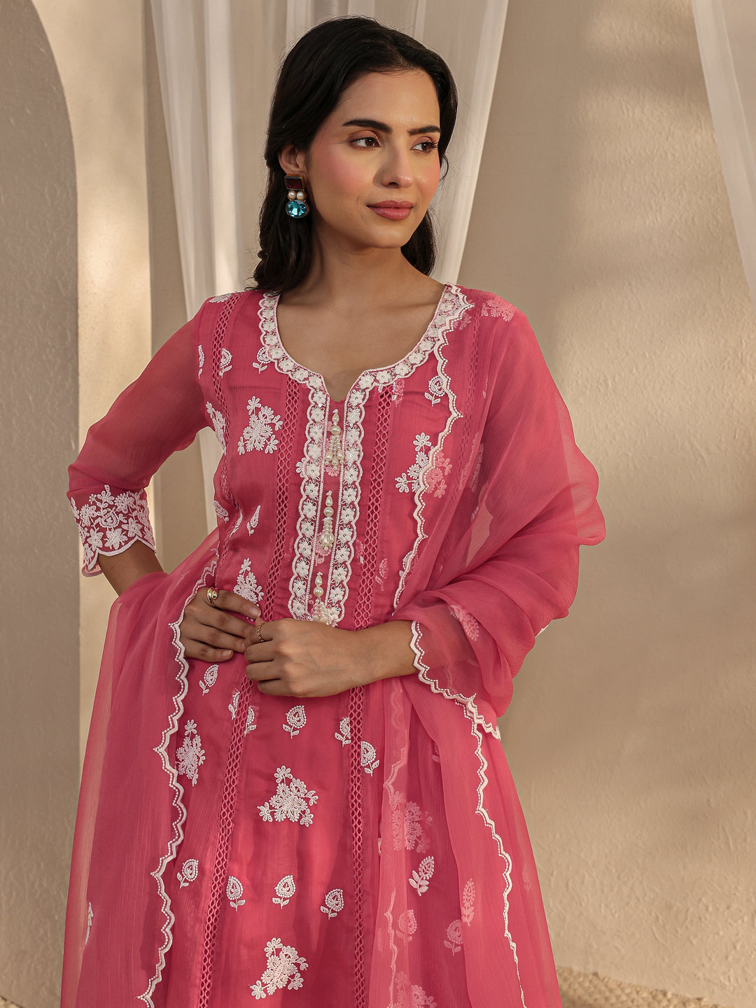  Pink Floral Embroidered Chiffon Anarkali Suit Set With Dupatta 