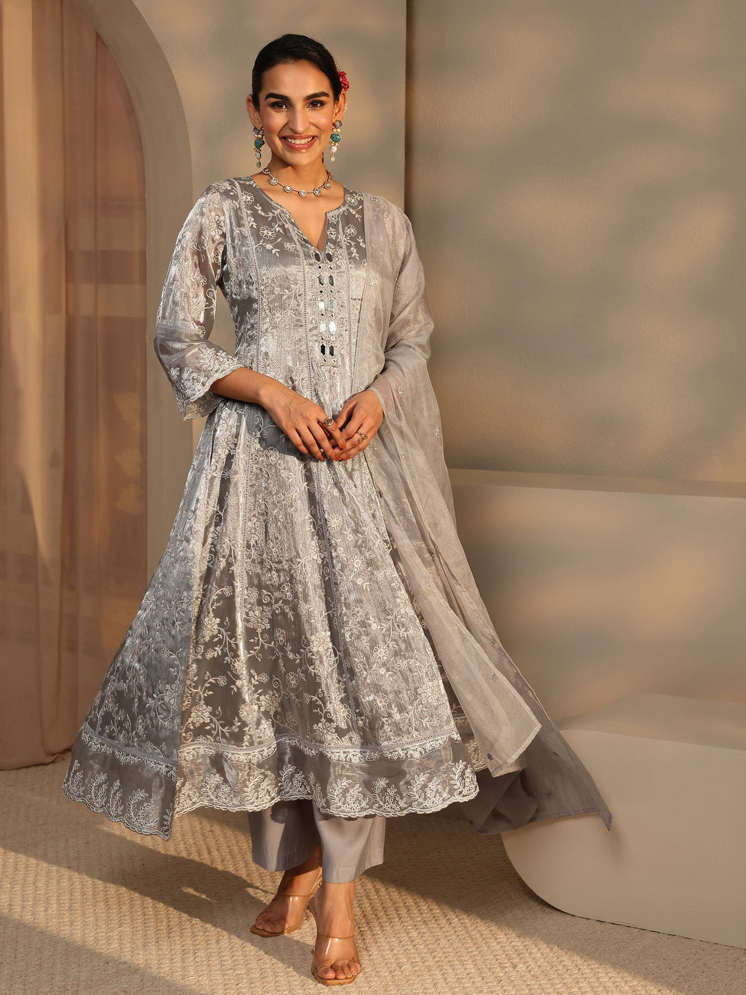 Grey Floral Embroidered Organza Anarkali Suit Set With Dupatta 