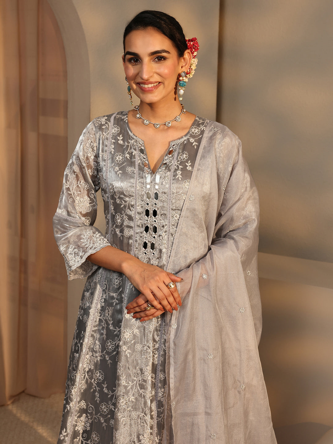  Grey Floral Embroidered Organza Anarkali Suit Set With Dupatta 