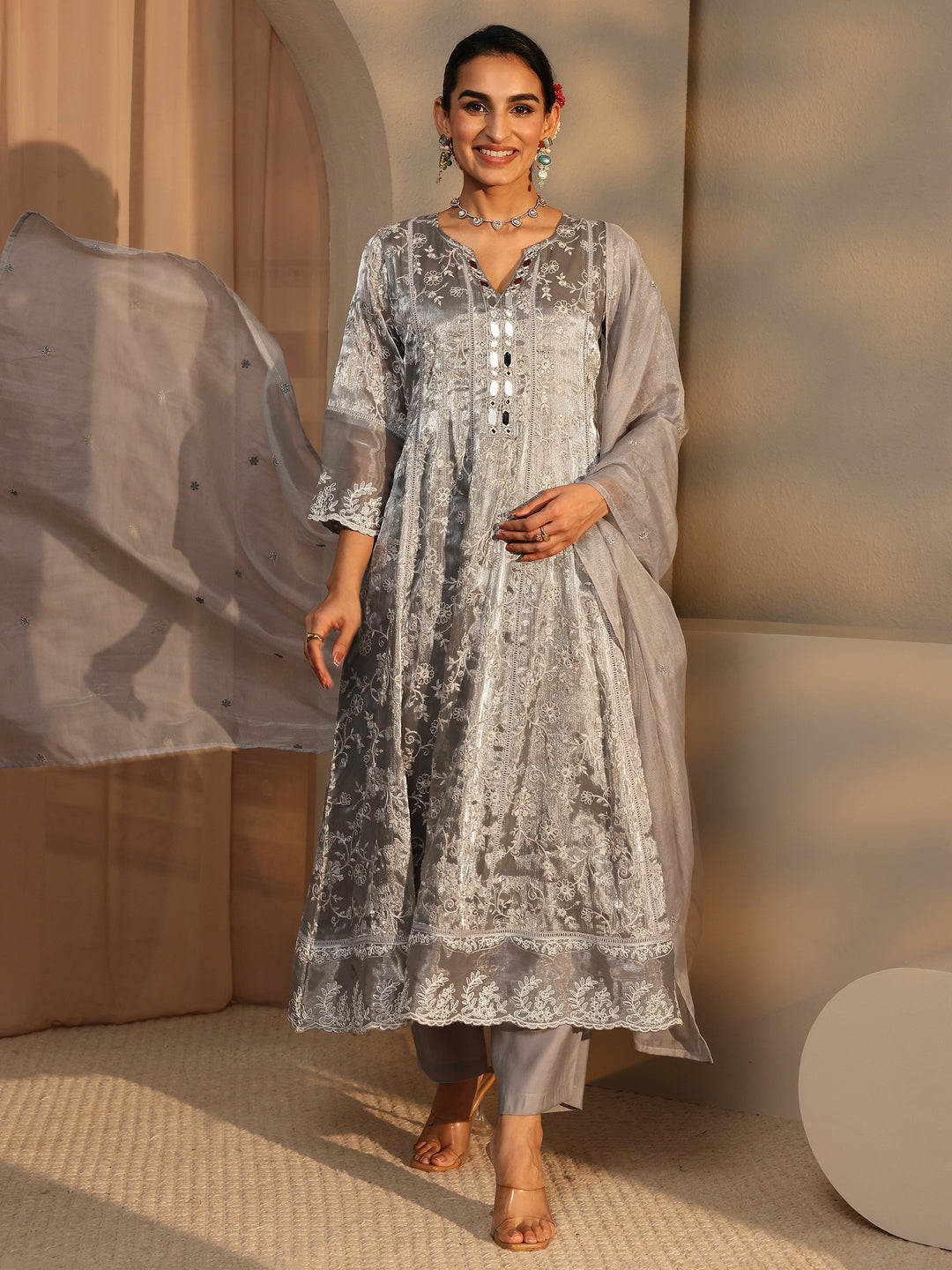  Grey Floral Embroidered Organza Anarkali Suit Set With Dupatta 