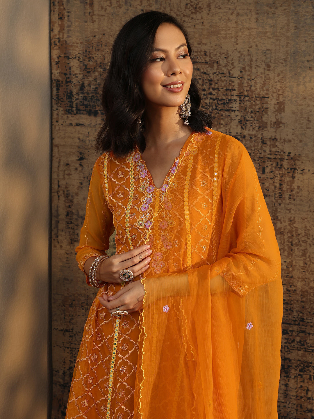  Orange Embroidered Chiffon Straight Suit Set With Dupatta 