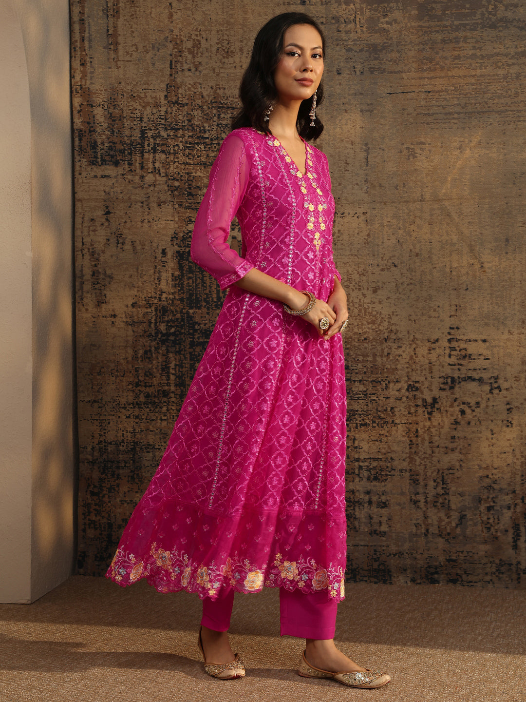  Pink Embroidered Chiffon Anarkali Suit Set With Dupatta 