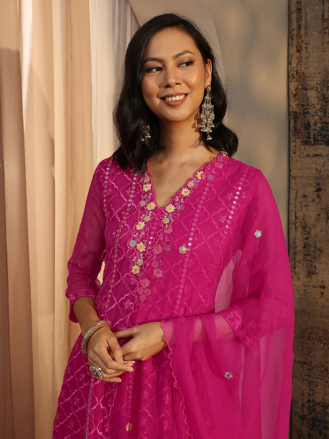  Pink Embroidered Chiffon Anarkali Suit Set With Dupatta 