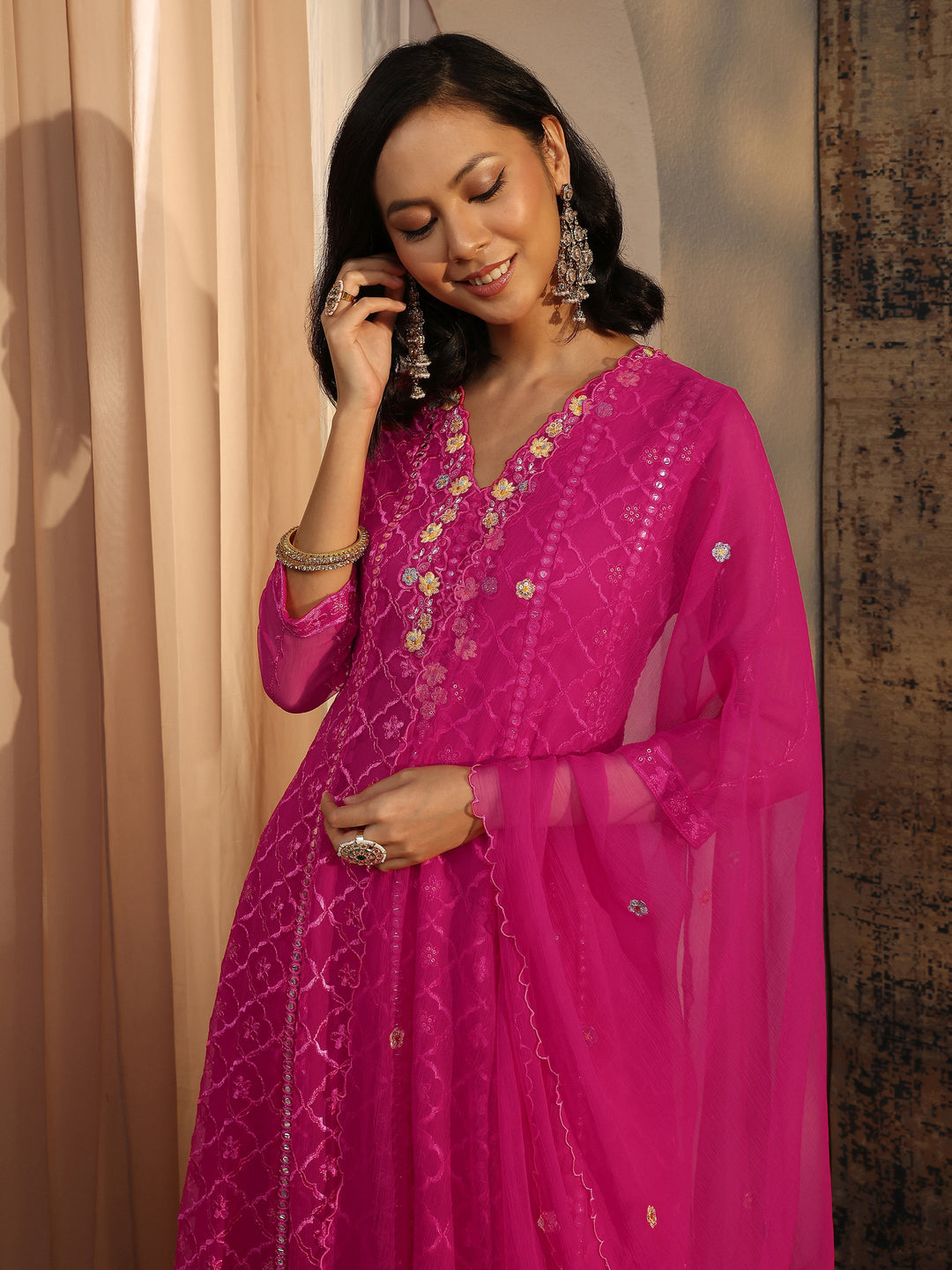  Pink Embroidered Chiffon Anarkali Suit Set With Dupatta 