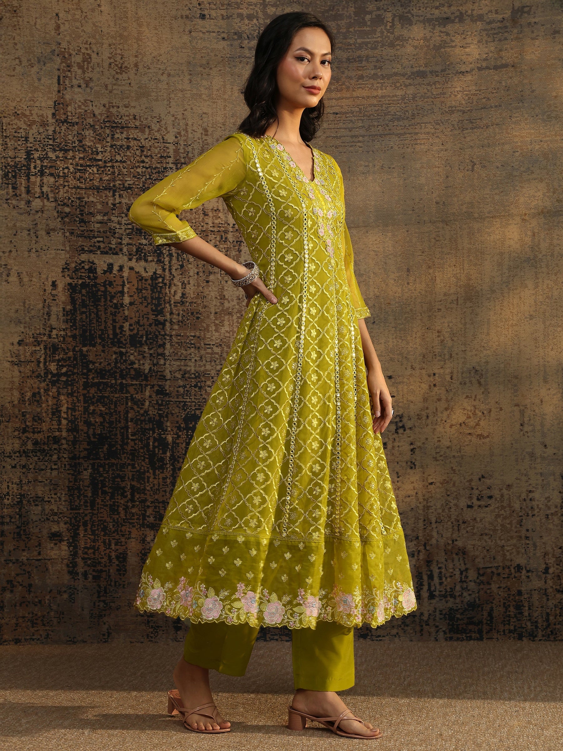 Beige Printed Silk Blend A-Line Kurti