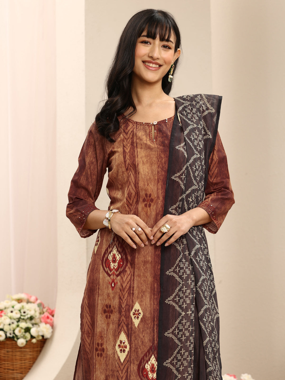  Brown Geometric Printed Cotton Blend Straight Suit Set With Dupatta 