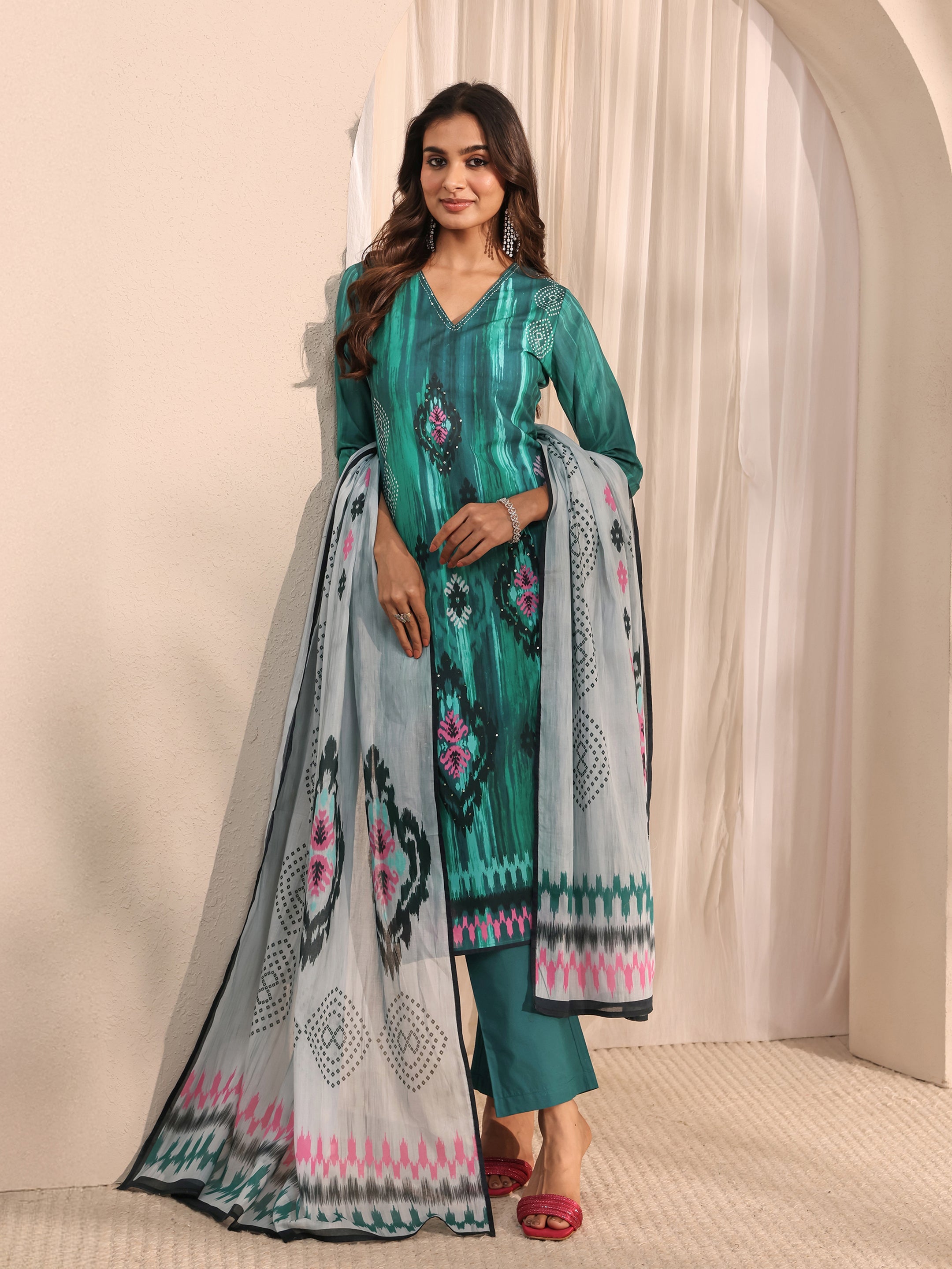 libas Green Abstract Printed Cotton Blend Straight Suit Set With Dupatta-picture-21