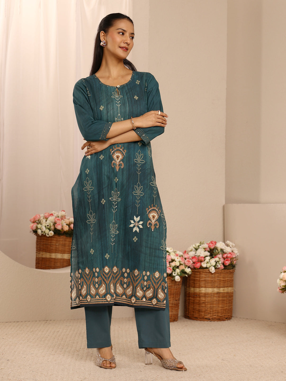  Teal Floral Embellished Cotton Blend Straight Suit Set With Dupatta 