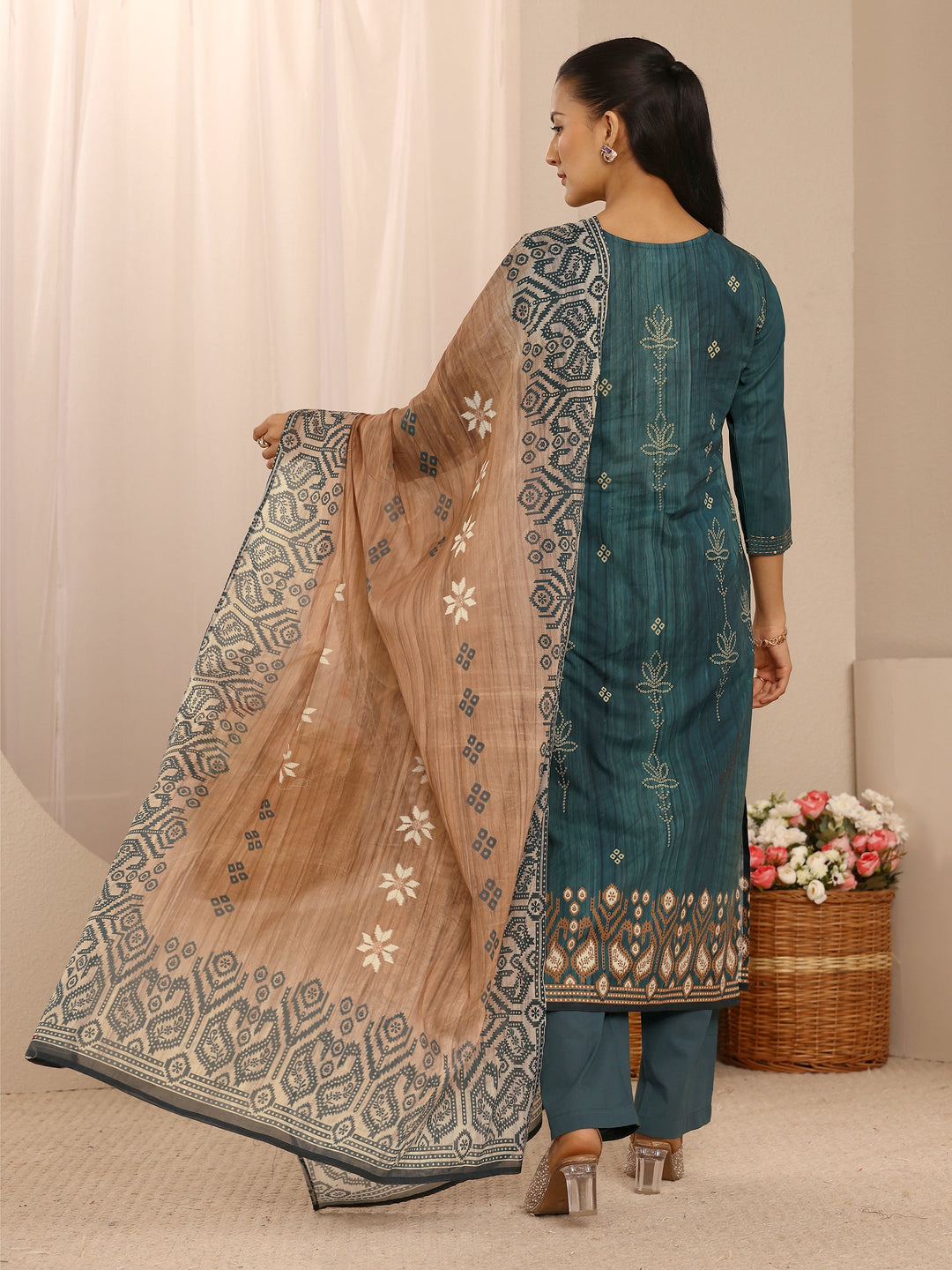  Teal Floral Embellished Cotton Blend Straight Suit Set With Dupatta 