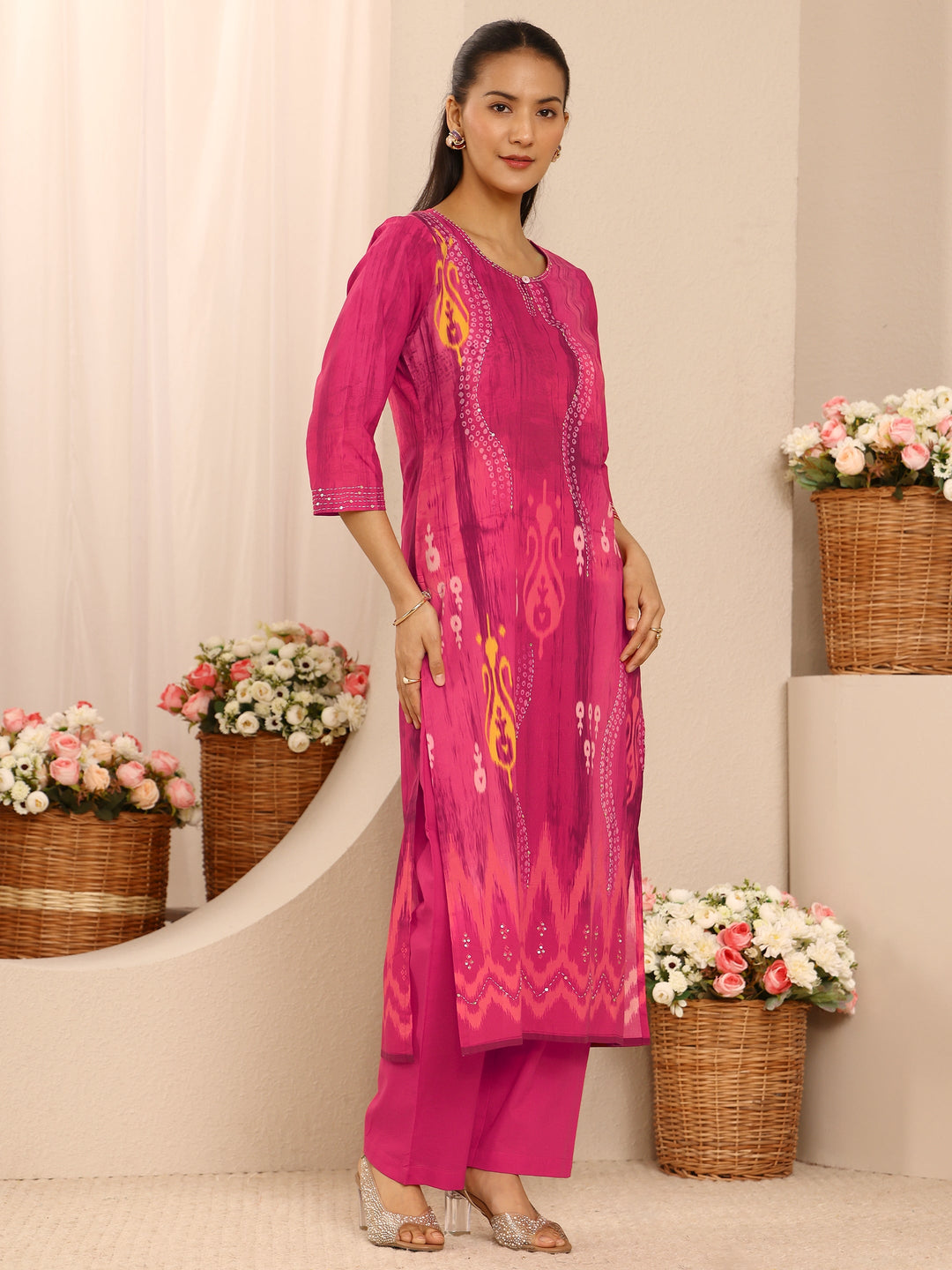  Pink Bandhani Printed Cotton Straight Suit Set With Dupatta 