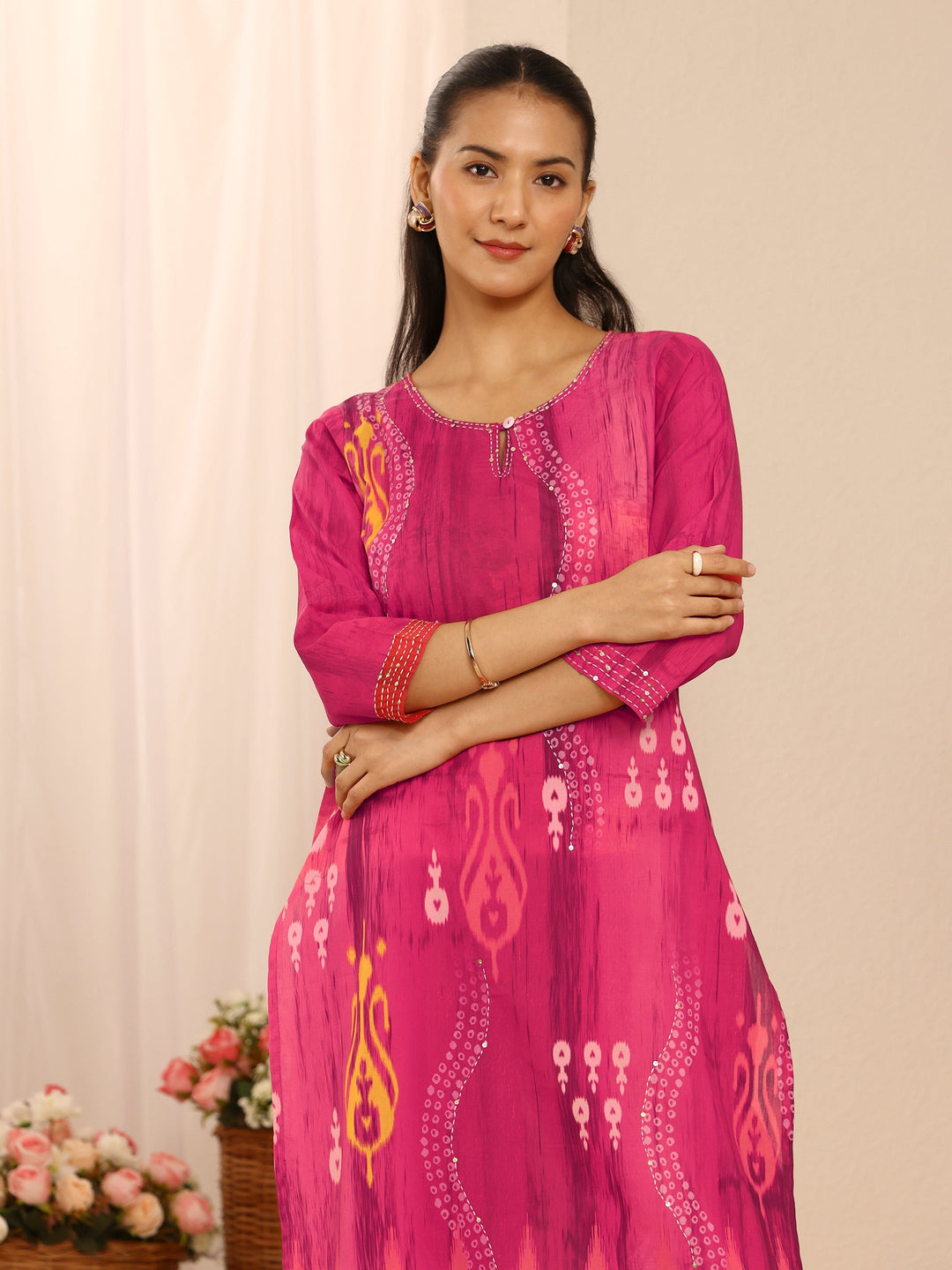  Pink Bandhani Printed Cotton Straight Suit Set With Dupatta 