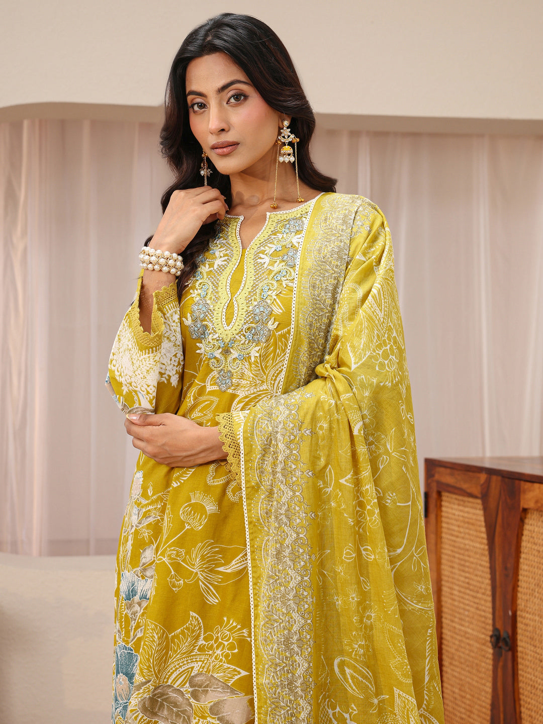  Mustard Floral Printed Cotton Straight Suit Set 