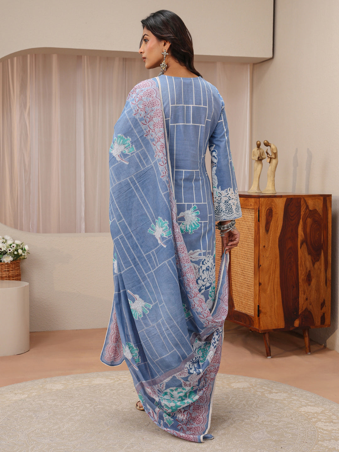  Blue Floral Printed Cotton Straight Suit Set 