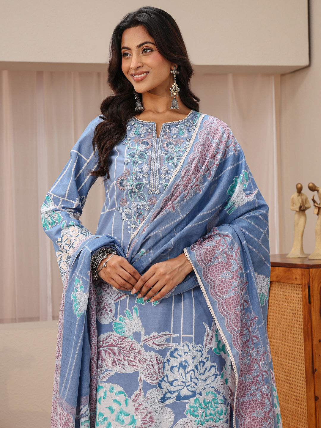  Blue Floral Printed Cotton Straight Suit Set 