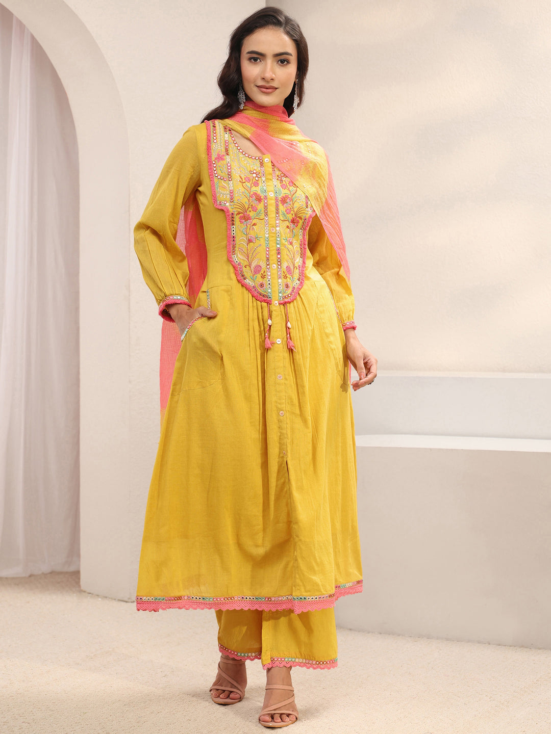  Yellow Floral Embroidered Cotton A-Line Suit Set With Dupatta 