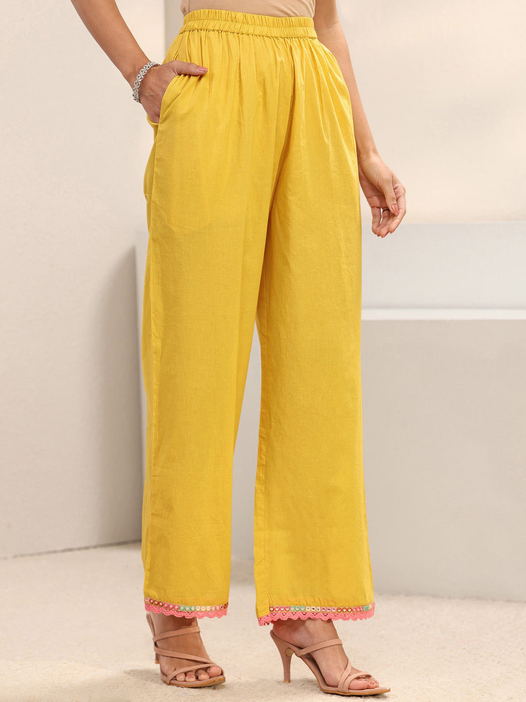  Yellow Floral Embroidered Cotton A-Line Suit Set With Dupatta 
