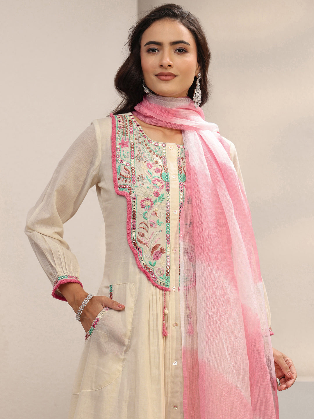  Off White Floral Embroidered Cotton A-Line Suit Set With Dupatta 