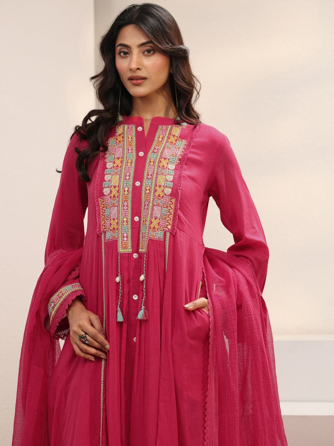  Pink Embroidered Cotton A-Line Suit Set With Dupatta 