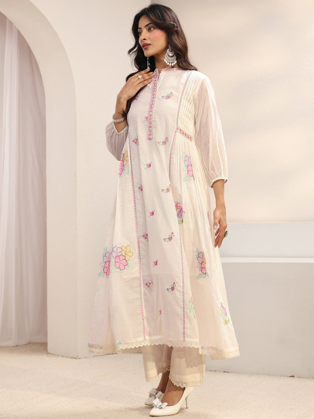  White Floral Embroidered Cotton Blend A-Line Suit Set With Dupatta 