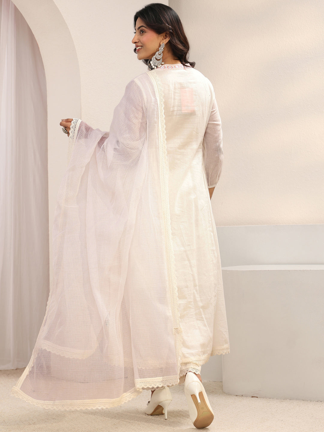  White Floral Embroidered Cotton Blend A-Line Suit Set With Dupatta 