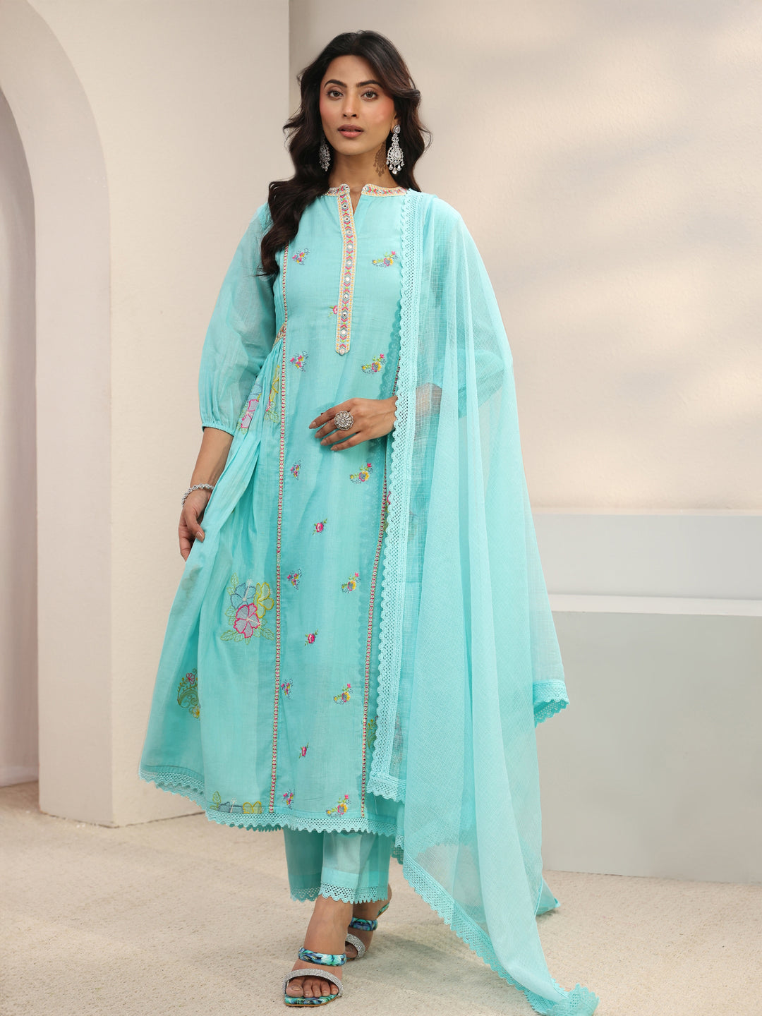  Blue Floral Embroidered Cotton Blend A-Line Suit Set With Dupatta 