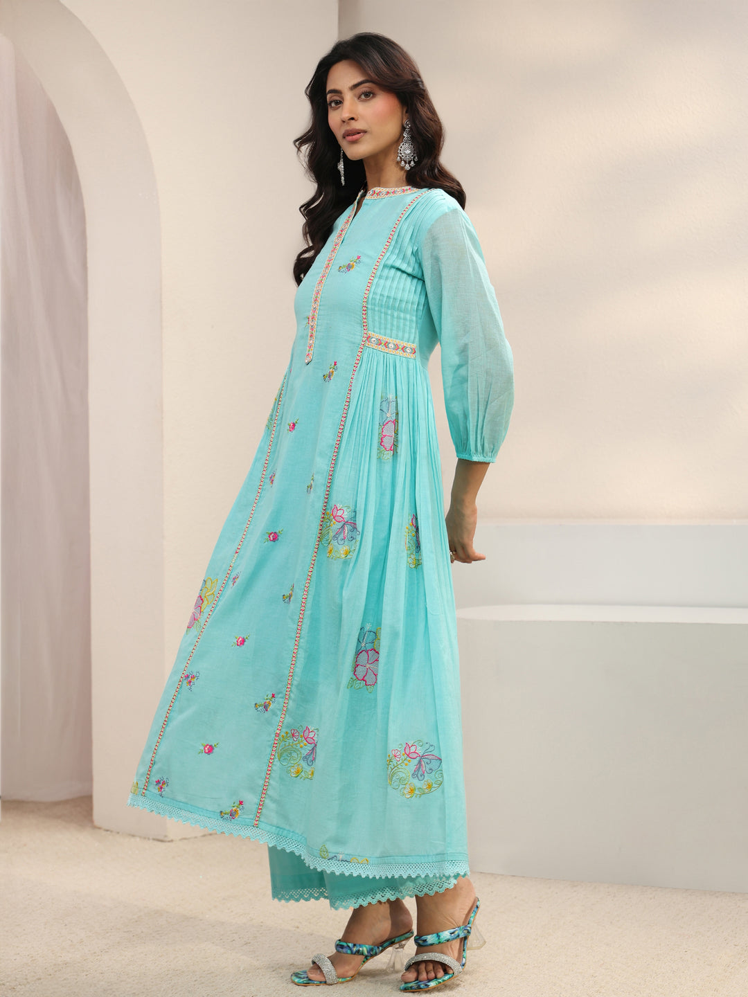  Blue Floral Embroidered Cotton Blend A-Line Suit Set With Dupatta 